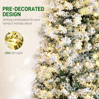 6ft Prelit Artificial Pencil Christmas Tree, Snow Flocked Slim Xmas Tree with Warm White LED Lights - Green