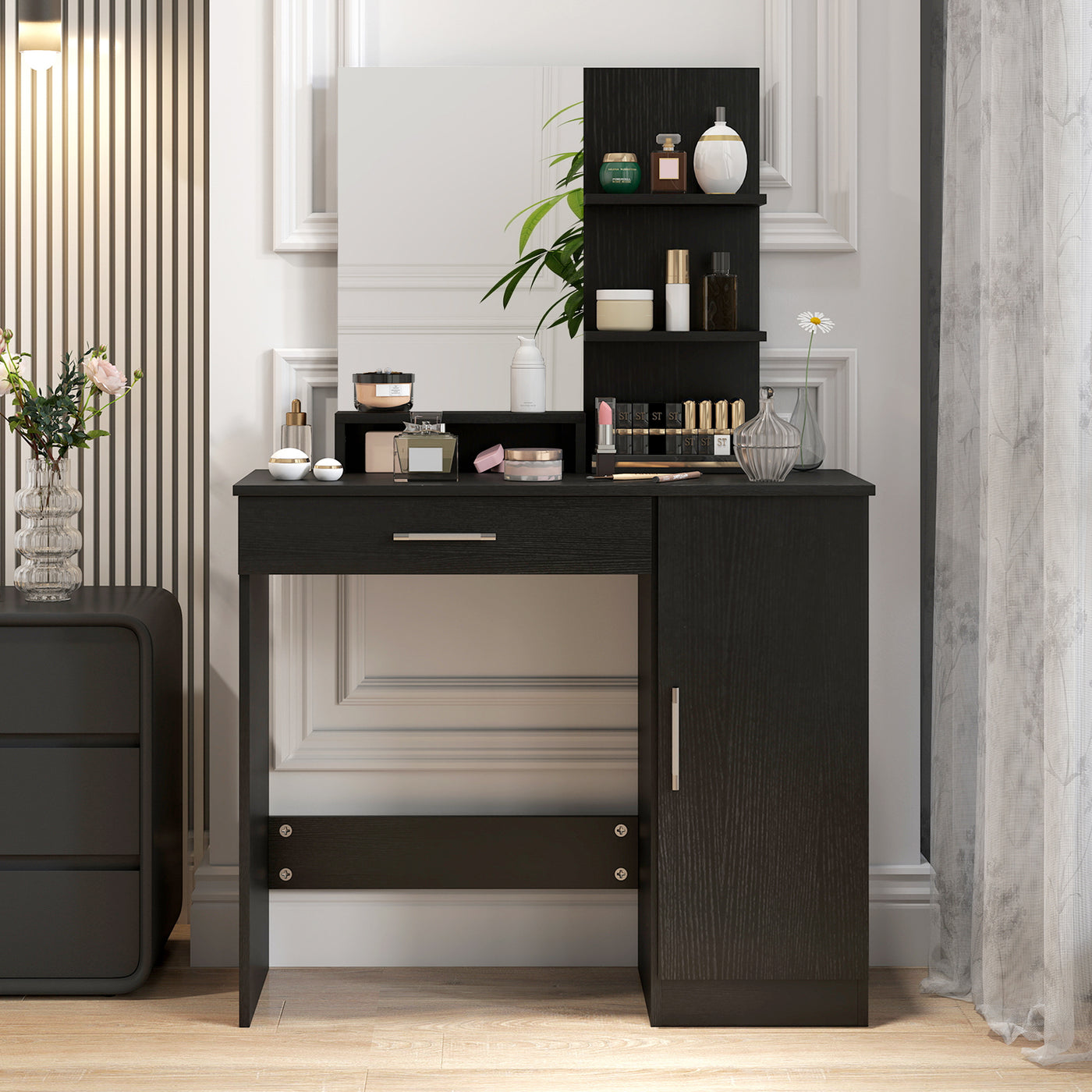Vanity Desk with Mirror, Makeup Vanity w/ Drawer, Open Compartment and Shelves, Cabinet, Adjustable Shelves for Bedroom