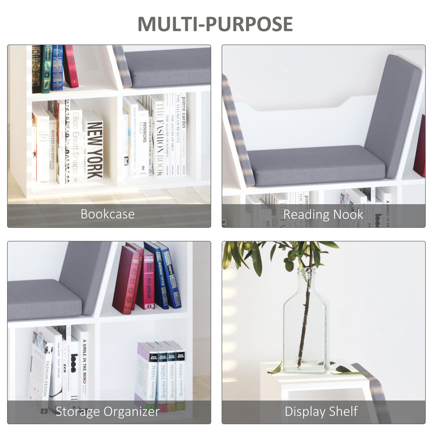 6-Cubby Bookcase with Seat Cushion, Cube Storage Shelf with Reading Nook for Home Office, Study, Grey