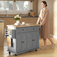 Kitchen Island with Storage, Rolling Trolley Cart with Rubber Wood Top, Spice Rack, Towel Rack, 2 Locking Brakes,Grey