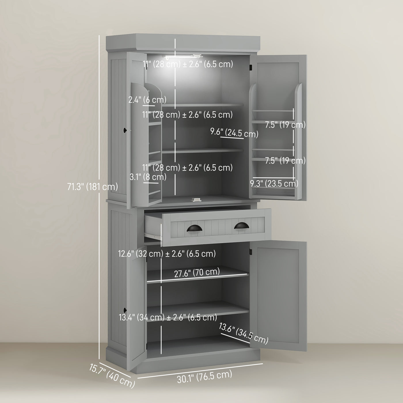 71" Kitchen Pantry Cabinet with LED Lights, 6 Spice Racks, a Drawer and 4 Adjustable Shelves, Grey