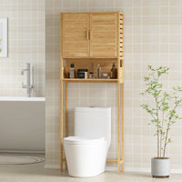 Over the Toilet Cabinet, Bathroom Organizer with 2 Doors, Open Compartment and Adjustable Shelf, Natural Wood Finish