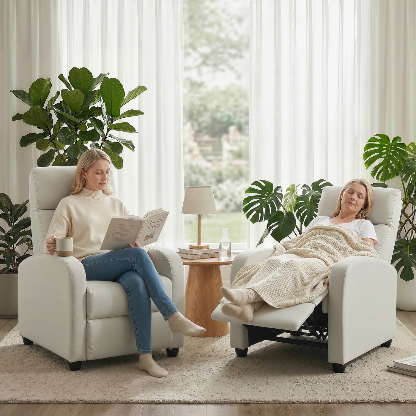 Fabric Recliner Chair Manual Home Theater Seating Single Reclining Sofa Chair with Padded Seat, Cream White