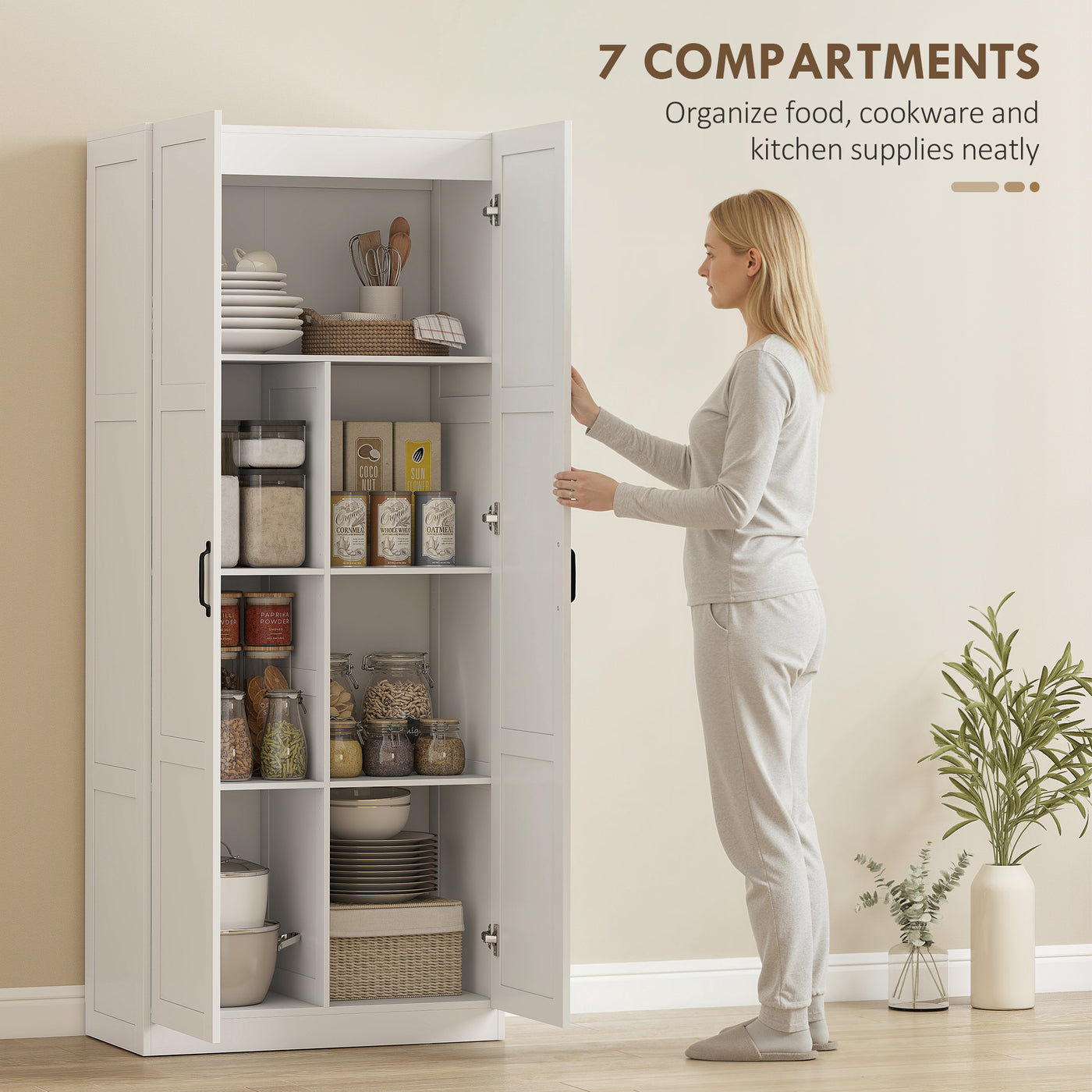 Farmhouse Pantry Cabinet, 71" Tall Kitchen Pantry Storage Cabinet with Soft-Close Hinges, Adjustable Shelves, White