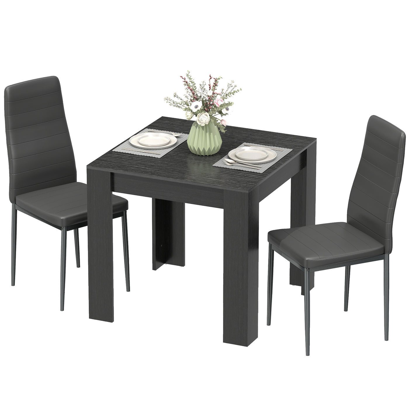Dining Table Set for 2, Square Kitchen Table and Chairs, Dining Room Table and PU Leather Upholstered Chairs, Black