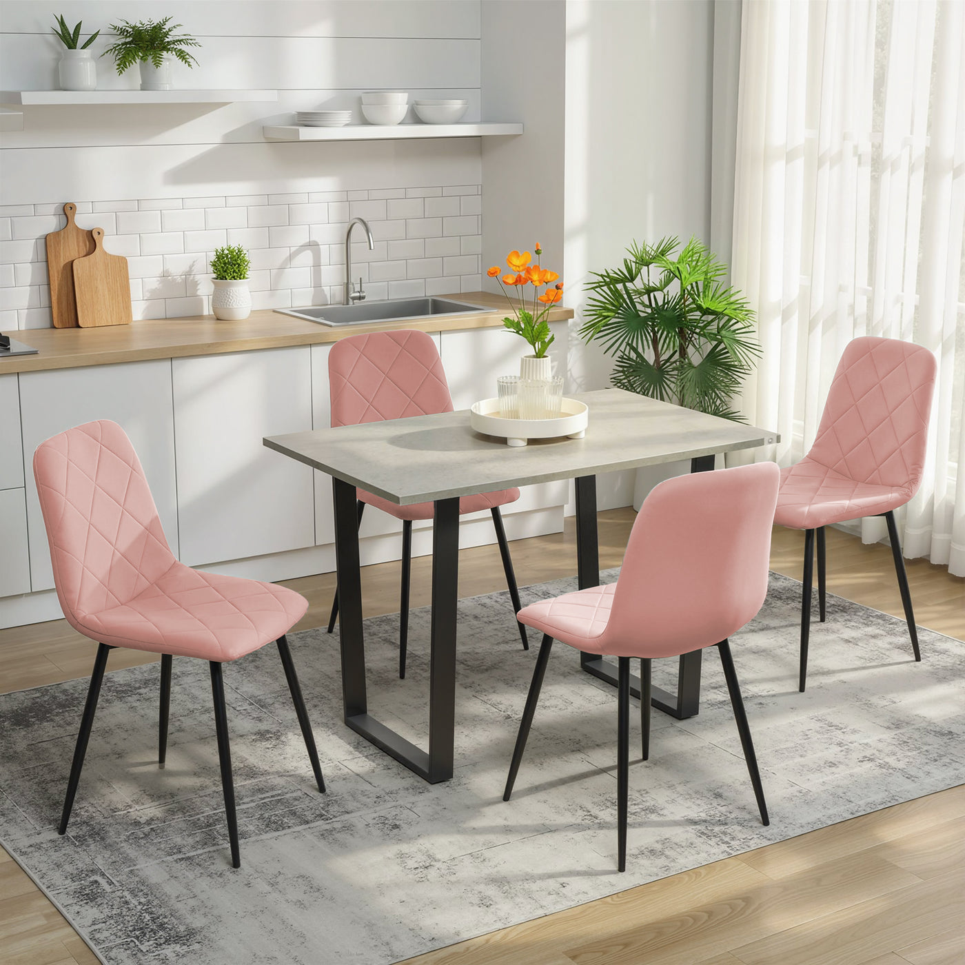 Dining Chairs Set of 4, Upholstered Dining Room Chairs with Steel Legs, Modern Kitchen Chair for Dining Room, Pink