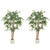5FT Artificial Banyan Tree Set of 2, Fake Potted Tree with Solid Wood Trunk and Pot for Indoor