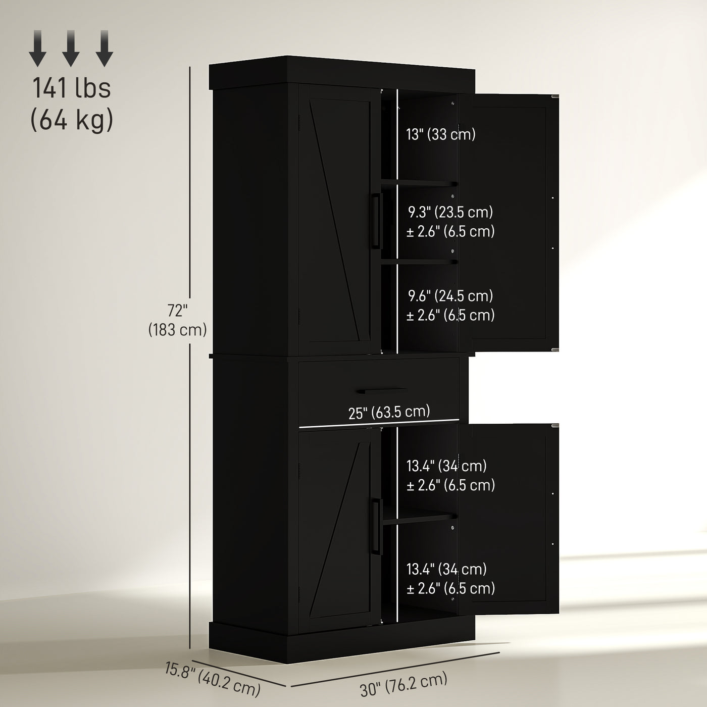 72" Kitchen Storage Cabinet, Farmhouse Kitchen Pantry Cabinet with 4 Barn Doors, Drawer, Adjustable Shelves, Black