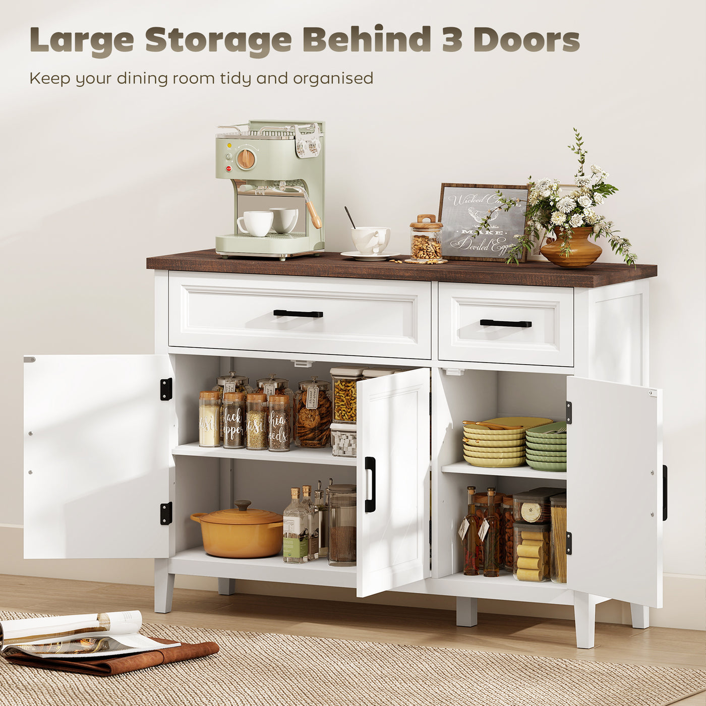 Sideboard Buffet Cabinet, 44" Farmhouse Kitchen Cabinet with 3 Chevron Doors, 2 Drawers and 2 Adjustable Shelves, White