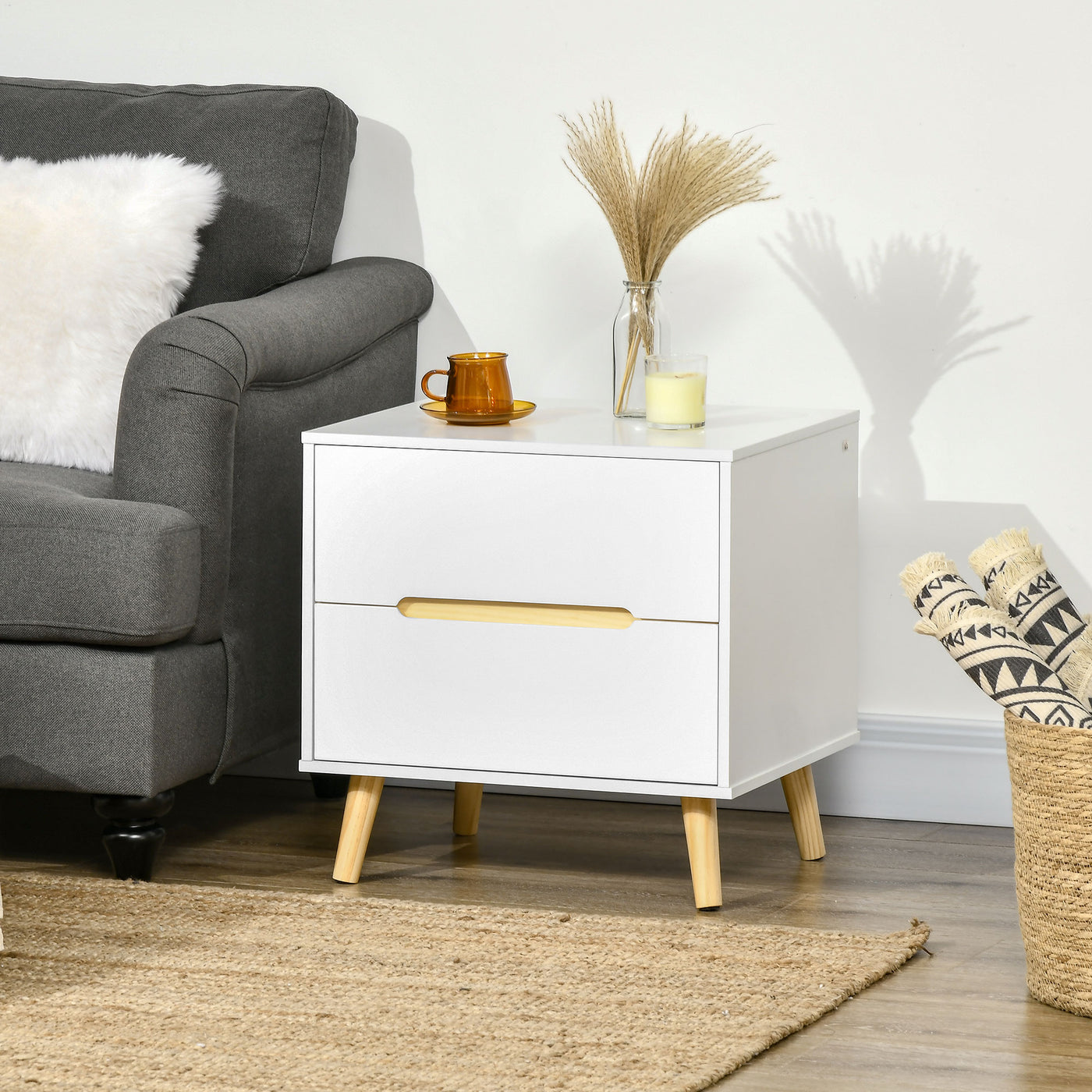 Nightstand, Bedside Table with 2 Drawers, Modern Side End Table with Solid Wood Legs for Bedroom, White