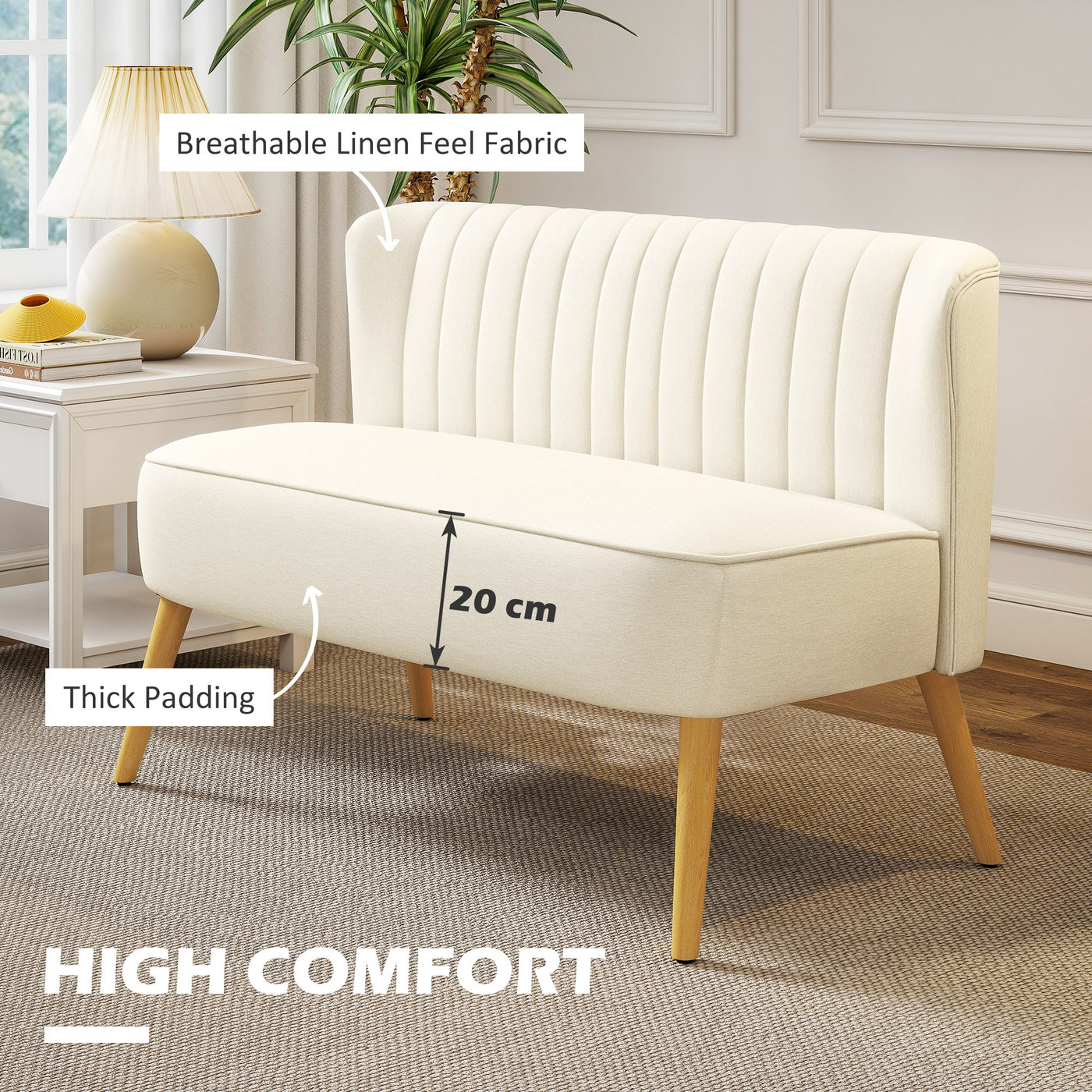 Modern 2 Seat Sofa for Bedroom, Upholstered Two Seater Couch with Rubber Wood Legs, Cream White