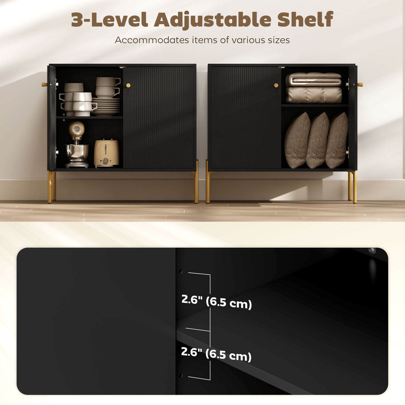 Sideboard, Modern Buffet Cabinet, Coffee Bar Cabinet with Fluted Doors and Adjustable Shelf, Black