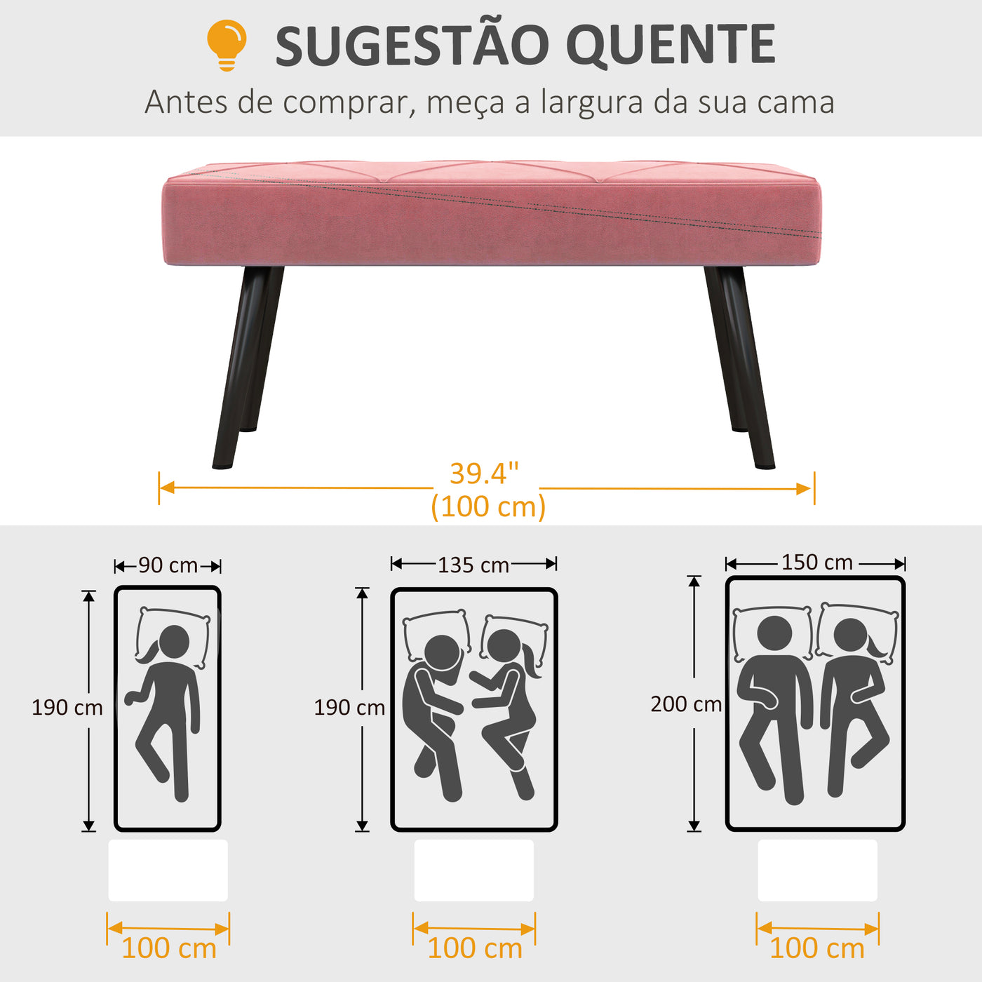 39 Inches Upholstered Bedroom Bench, Modern End of Bed Bench with Steel Legs, Pink