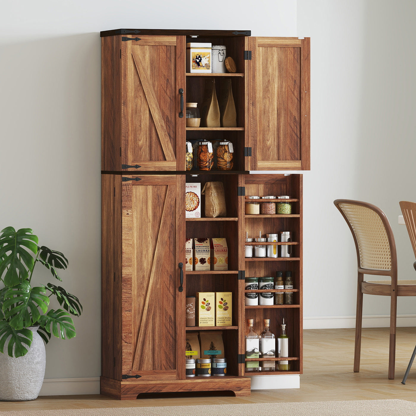 64" Tall Kitchen Pantry Cabinet with Spice Racks and Adjustable Shelves, Brown Wood Grain