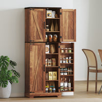 64" Tall Kitchen Pantry Cabinet with Spice Racks and Adjustable Shelves, Brown Wood Grain