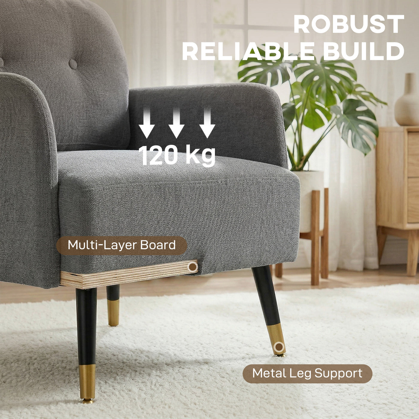 Accent Chair Modern Tufted with Metal Legs Upholstered Reading Armchair for Living Room Grey