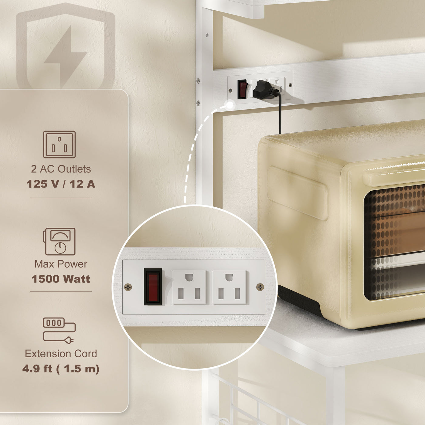 Kitchen Baker's Rack with Power Outlet, Coffee Bar Station with Adjustable Shelves and Hooks, Distressed White