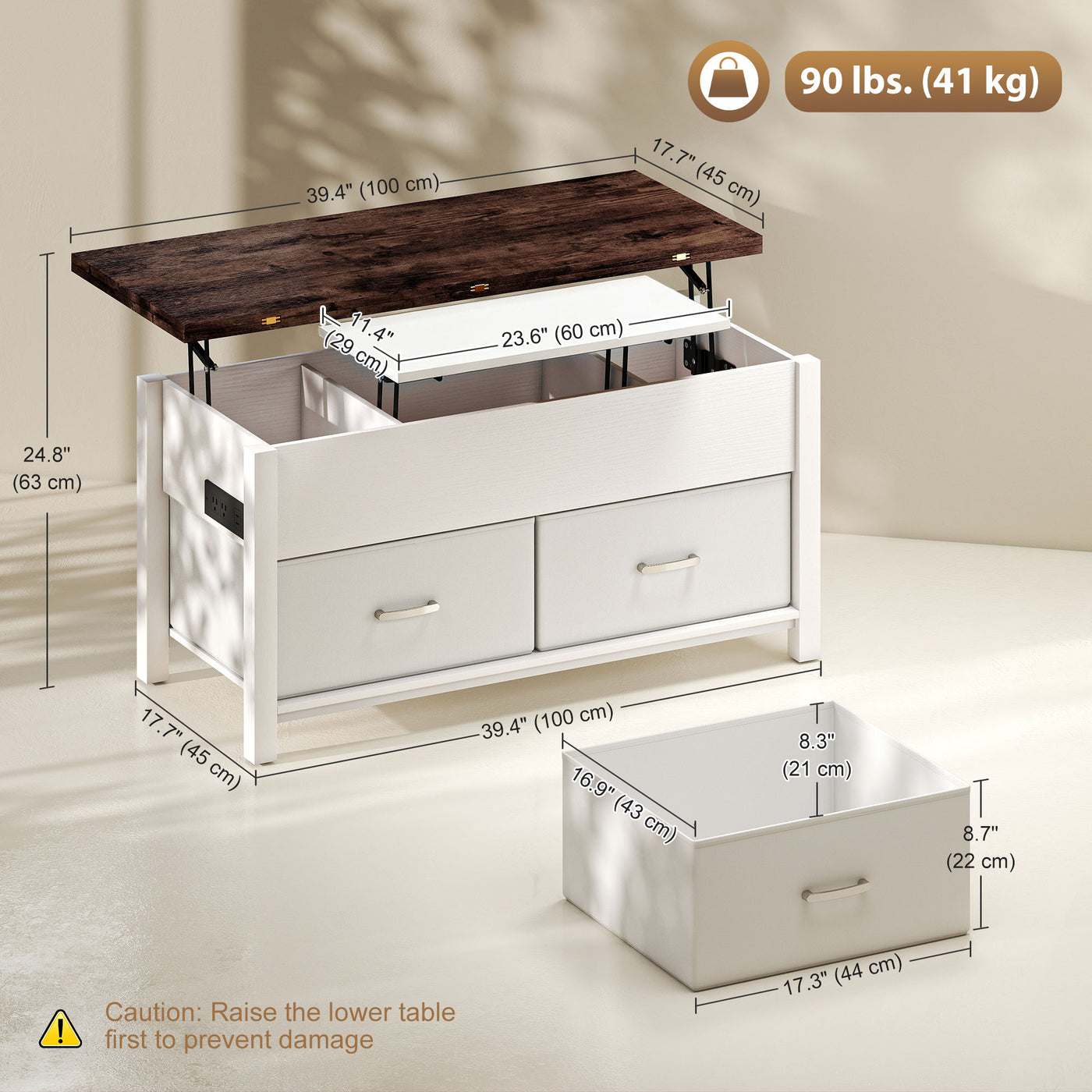 Lift Top Coffee Table, Center Table with 3 Hidden Compartments, 2 Fabric Drawers, Expandable Top and Charging Station