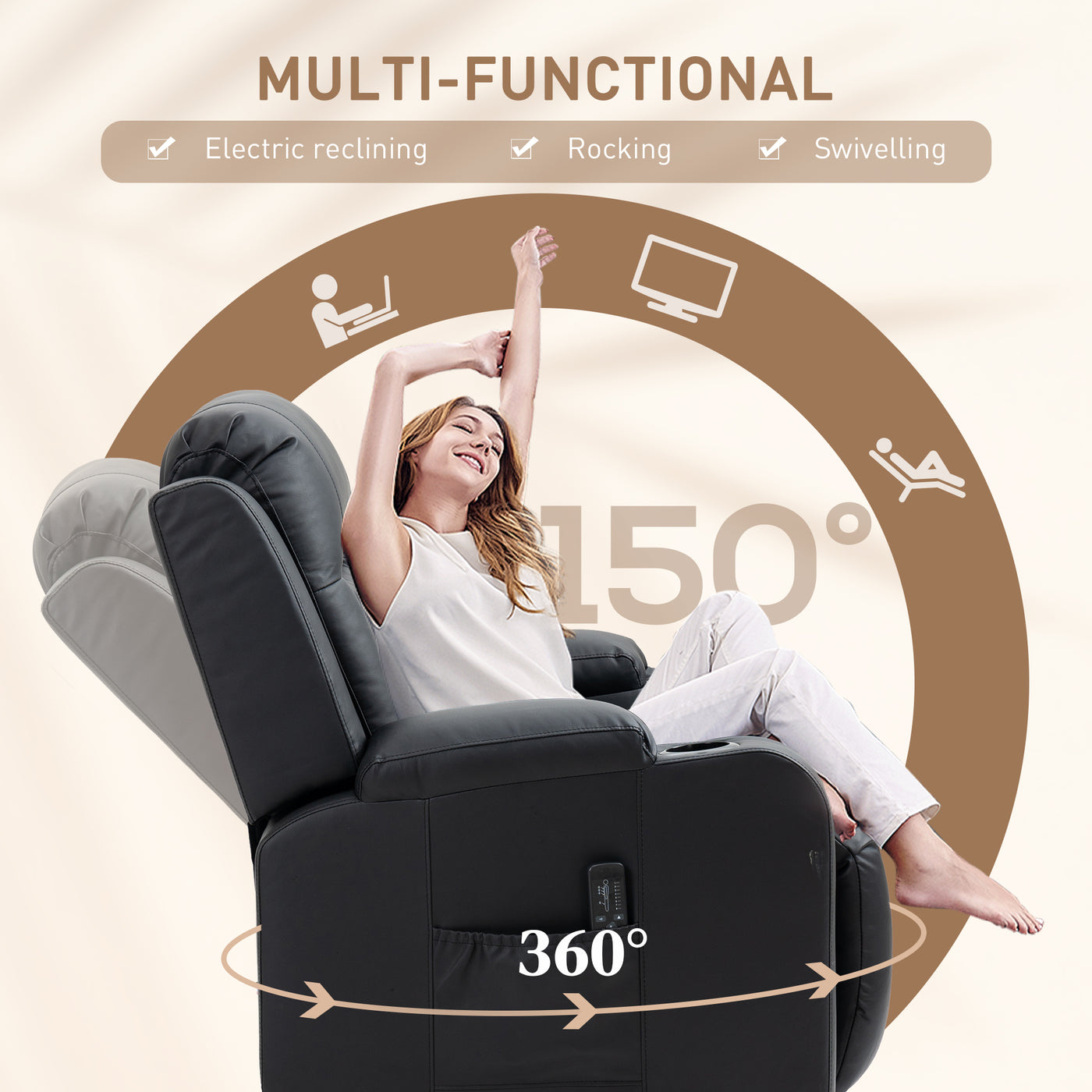 Swivel Massage Recliner Chair Rocker, Overstuffed Manual Reclining Sofa, PU Leather Rocking Chair with Side Pockets, Cup Holders, for Living Room, Nursery, Black