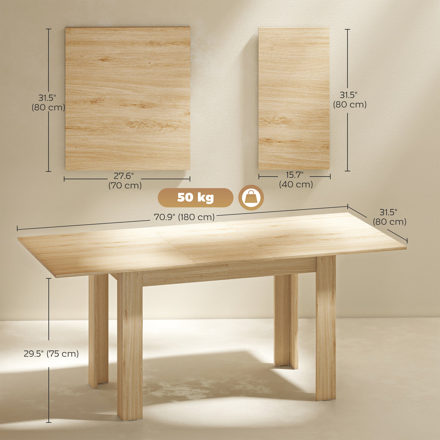 Modern Extendable Dining Table, 55.1 x 31.5 in, for 6-8 People, Expandable Dining Table for Kitchen, Natural Wood