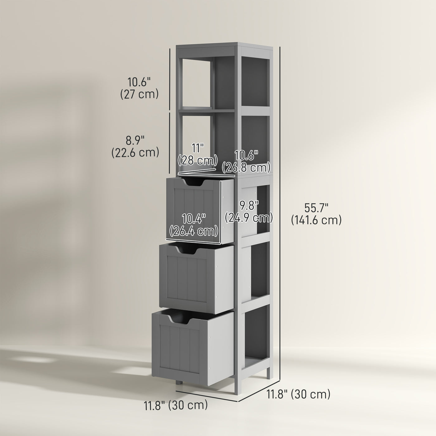 Narrow Bathroom Cabinet with 3 Drawers and 2 Tier Shelf, Tall Cupboard Freestanding Linen Tower, Grey