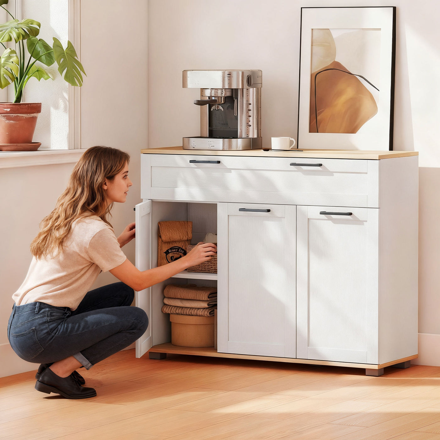 Sideboard Buffet Cabinet, Modern 40" Coffee Bar Cabinet with Wide Drawer, 3 Doors and 2 Adjustable Shelves, White
