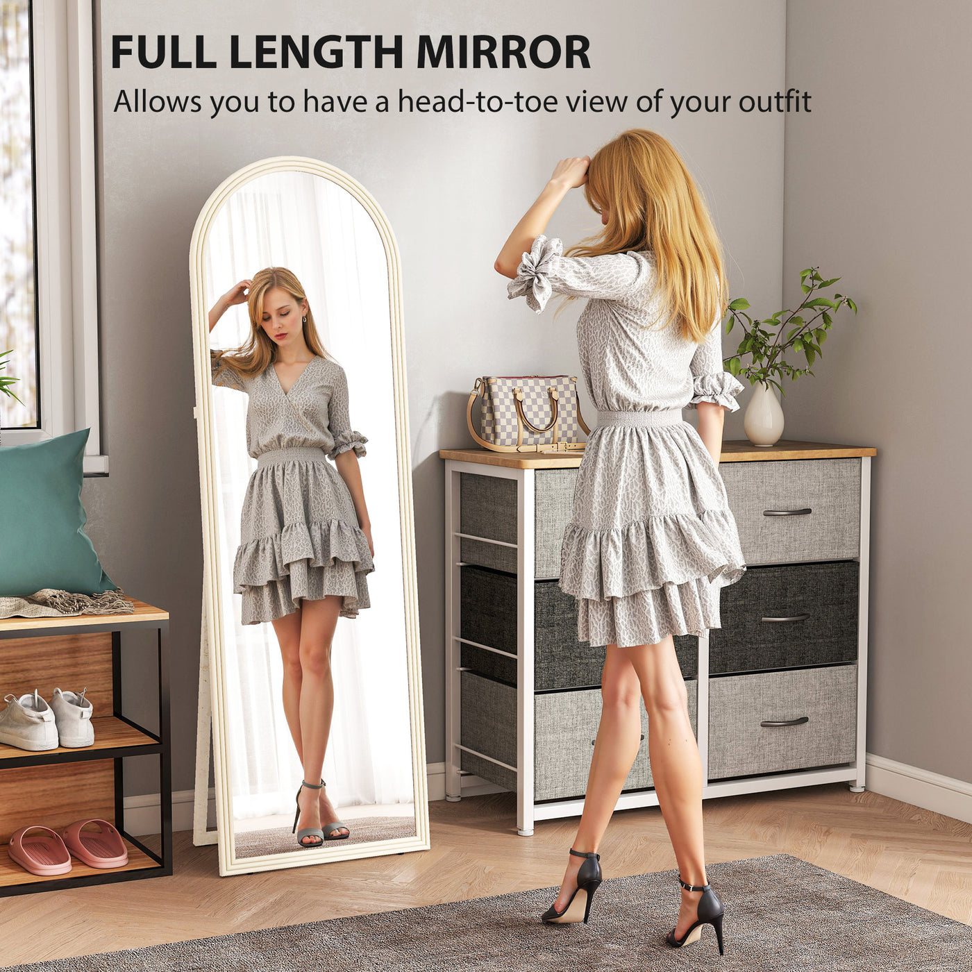 64" x 21" Full Length Mirror, Free Standing, Leaning or Wall, Arched Full Body Mirror with Faux Stone Frame, White