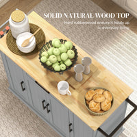 Modern Rolling Kitchen Island Cart with Drawers, Natural Wood Top, Towel Rack, Door Storage Cabinet, Grey
