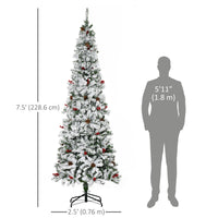 7.5 Foot Pencil Snow Flocked Artificial Christmas Tree with 950 Pine Realistic Branches, Pine Cones, Red Berries, Auto Open, Green