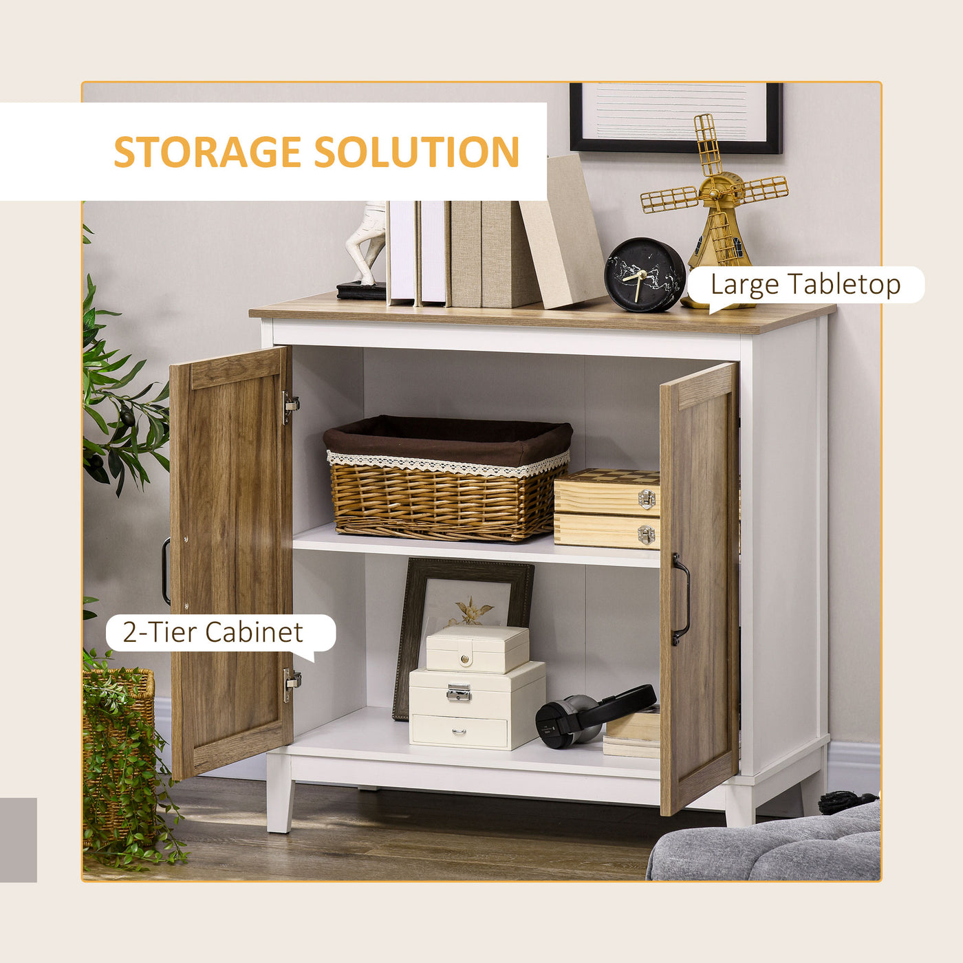 Farmhouse Sideboard, Storage Cabinet with 2 Doors and Shelves Kitchen, Living room, 30.9" x 15.4" x 30.9", Dark Oak