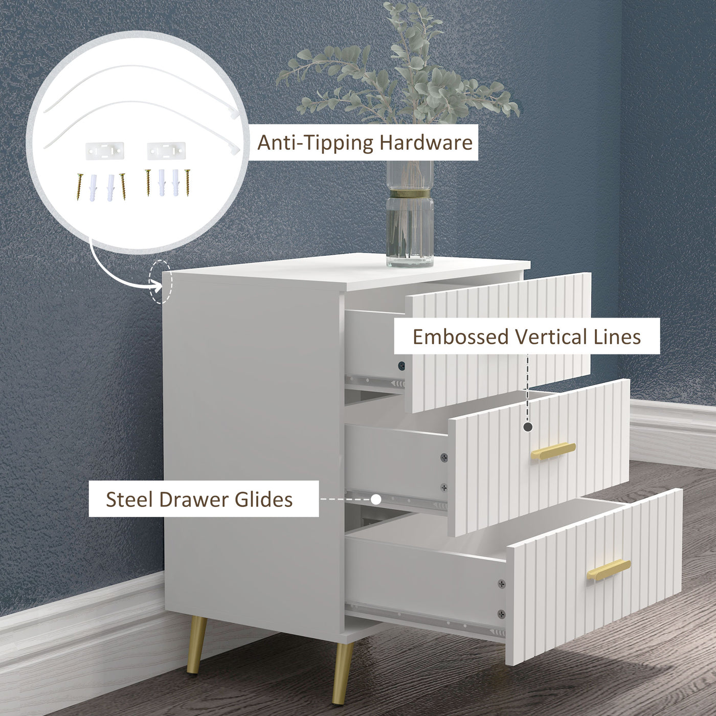 3 Drawer Cabinet, Drawer Chest for Bedroom, Chest of Drawers with Aluminium Legs and Gold Handles, White