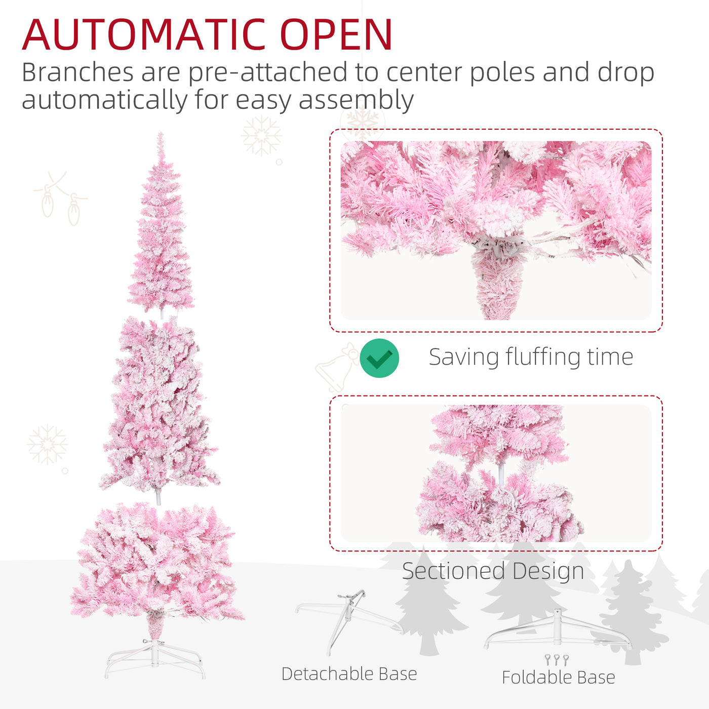7.5 Foot Prelit Snow Flocked Artificial Christmas Tree with Pencil Shape, 700 Pine Realistic Branches, Warm White LED lights, Auto Open, Pink and White