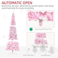 7.5 Foot Prelit Snow Flocked Artificial Christmas Tree with Pencil Shape, 700 Pine Realistic Branches, Warm White LED lights, Auto Open, Pink and White