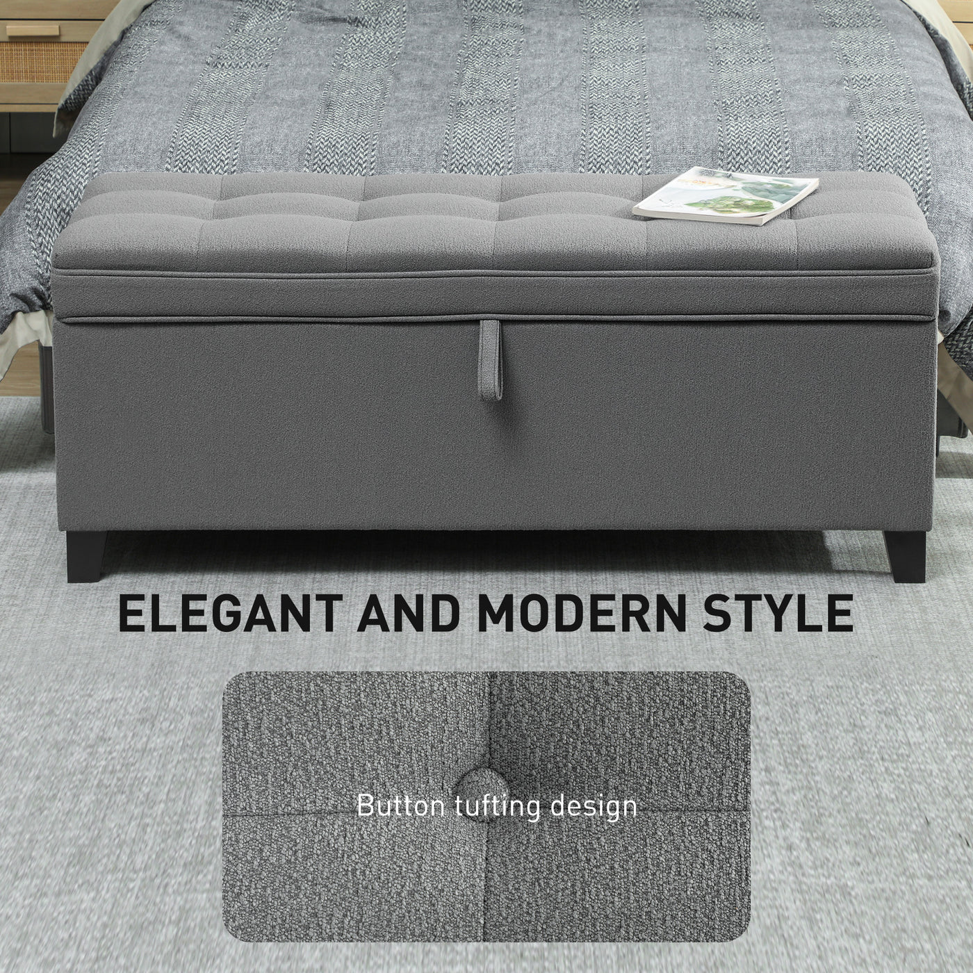 Storage Ottoman Bench, Foot Rest with Safety Hinges, 47 Inches Linen Storage Chest for Living Room, Dark Grey