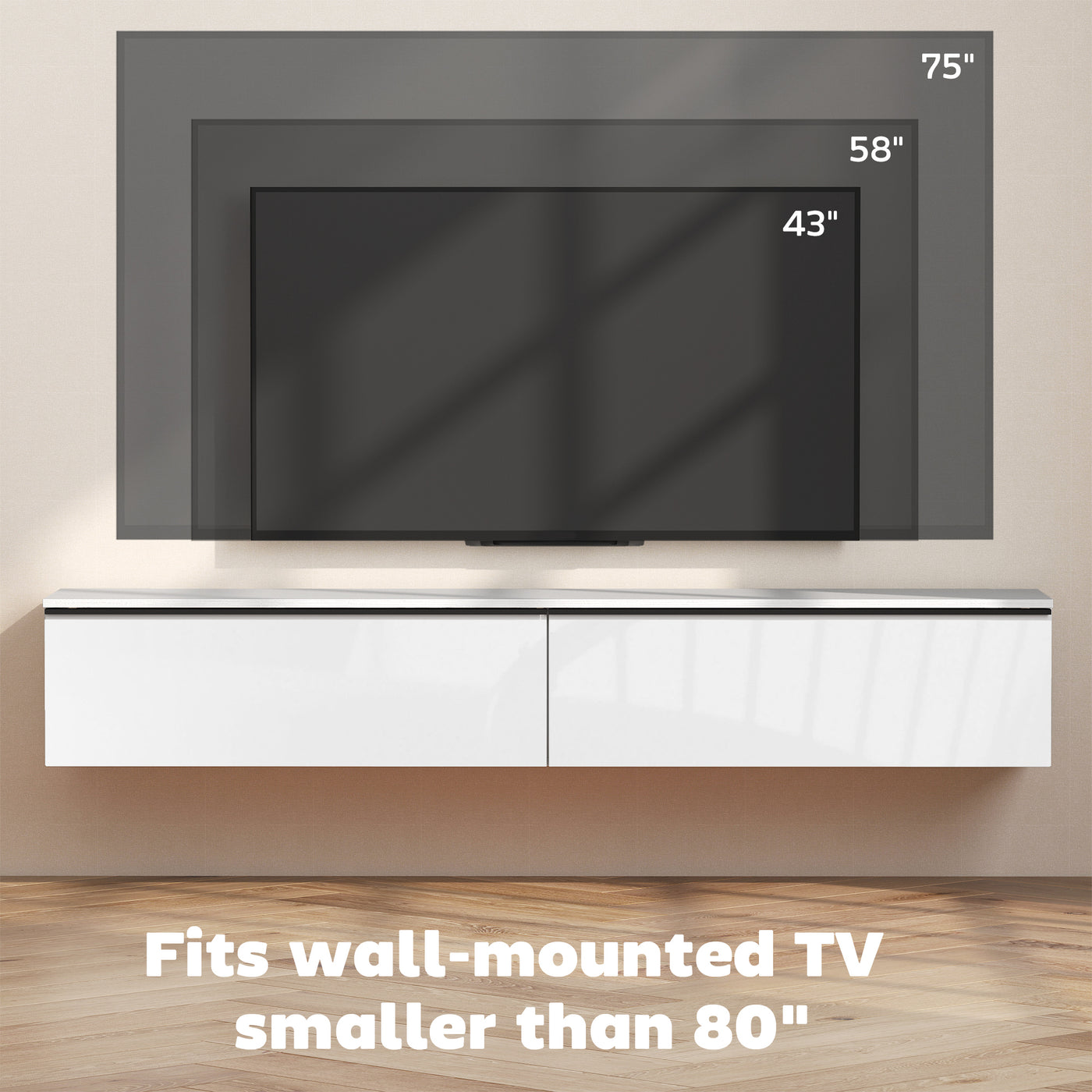 Wall Mounted TV Stand, Floating TV Cabinet with Storage, for TVs up to 80", High Gloss Effect, White
