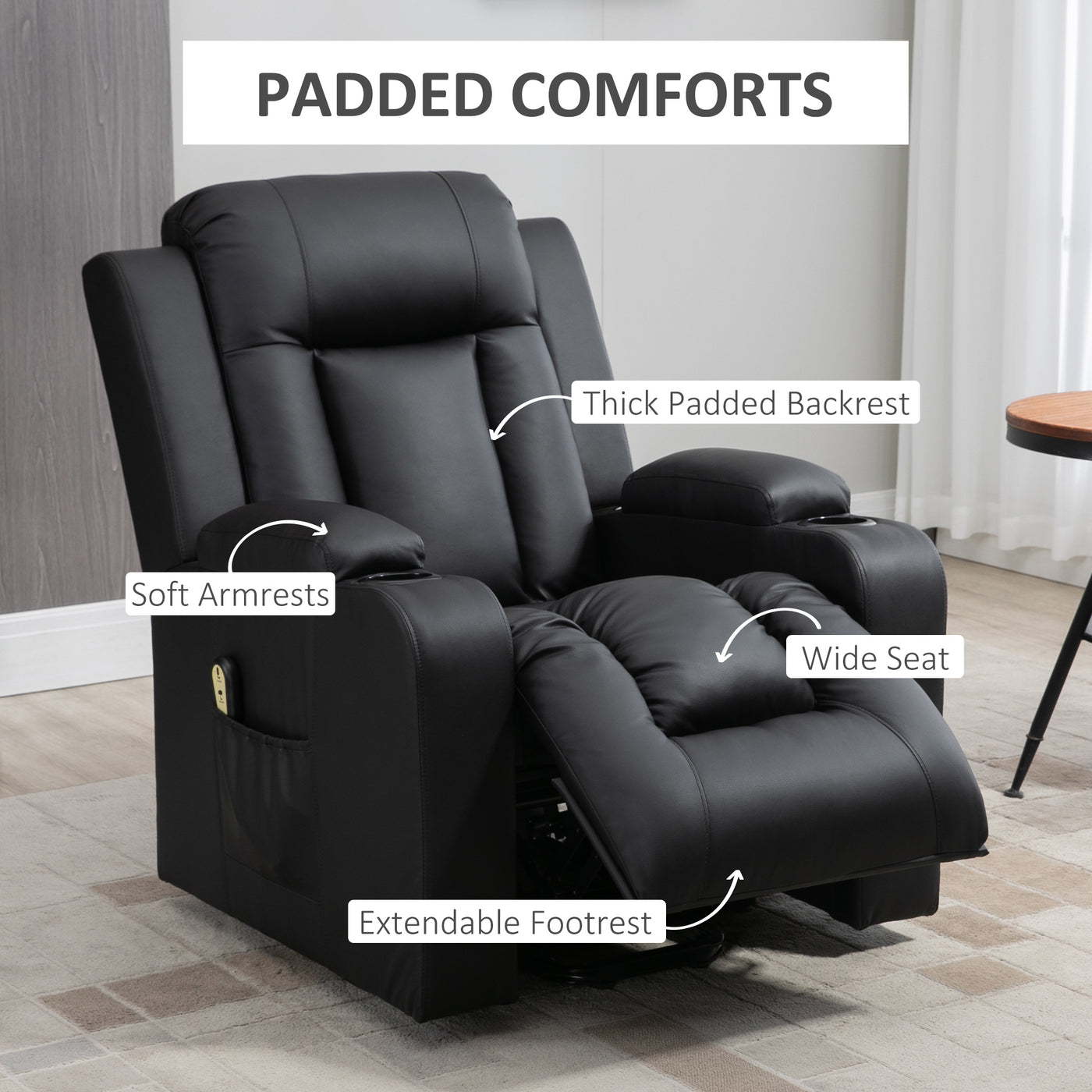 Power Lift Recliner Chair for Elderly, PU Leather Electric Recliner Chair with Footrest, Remote Control, Side Pockets and Cup Holders for Living Room, Black
