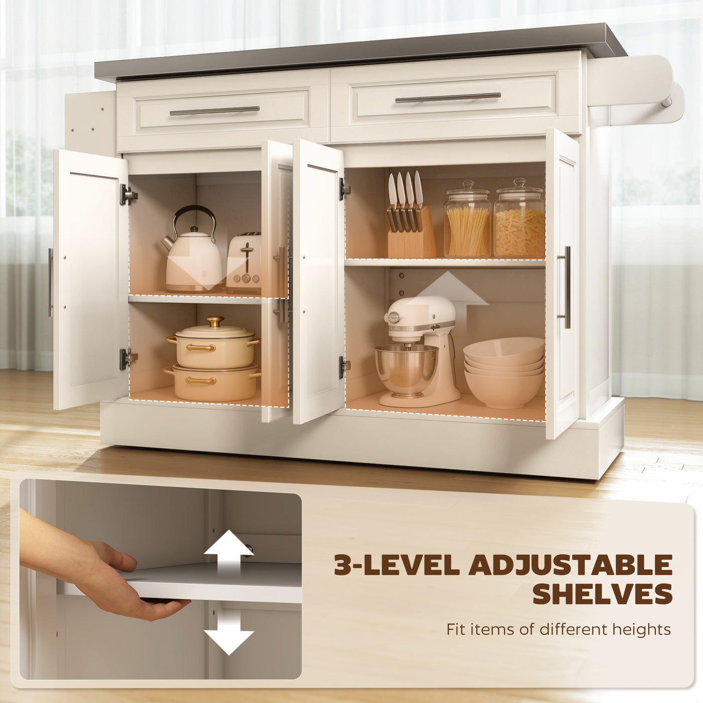 Rolling Kitchen Island with Storage and Stainless Steel Top, Kitchen Trolley with Drawers, Cabinets, Towel Rack, Cream