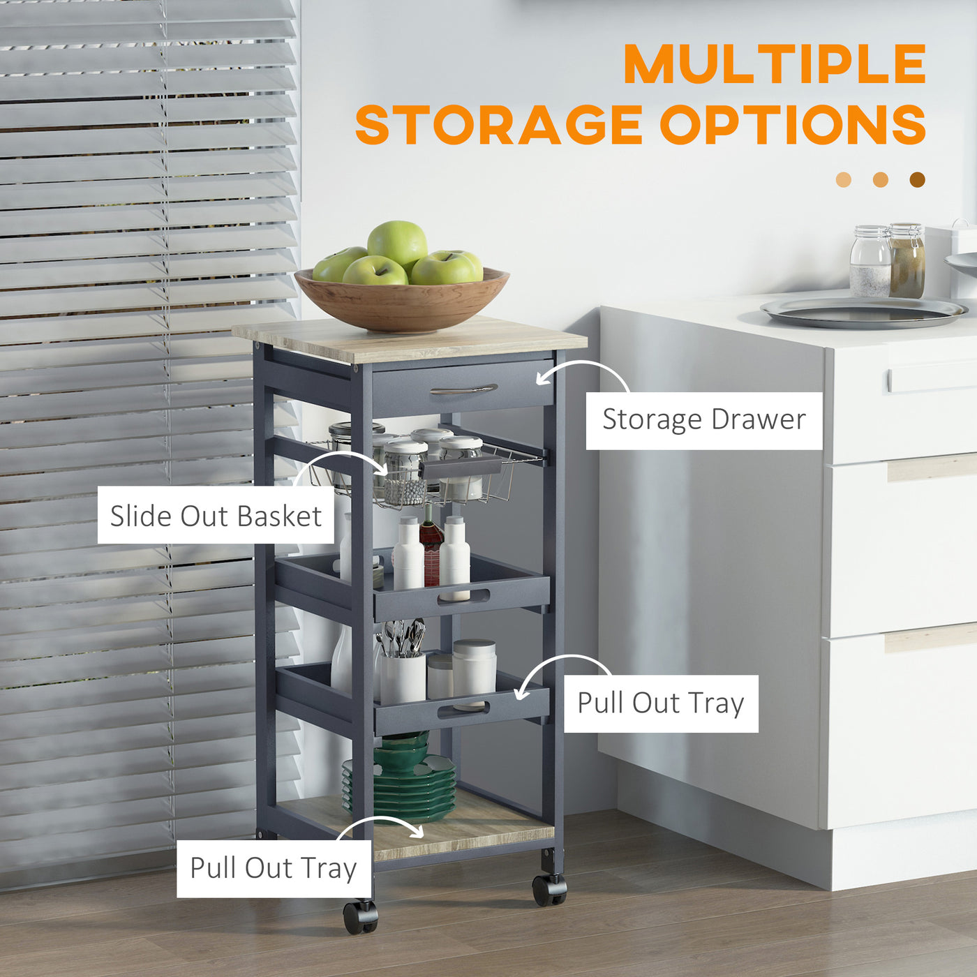 Rolling Kitchen Island Cart, Mobile Utility Storage Cart with Drawer, Wire Storage Basket, Removable Tray, Grey
