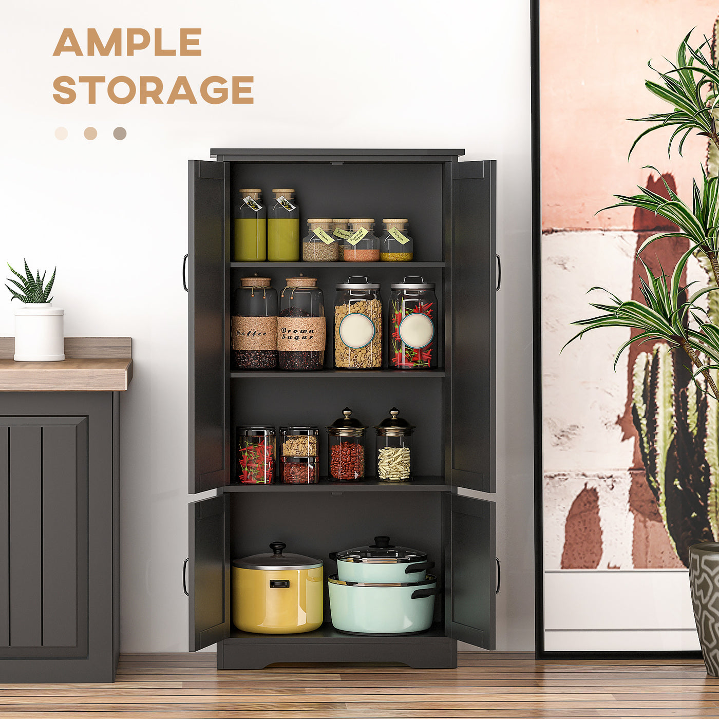 48" 4-Door Storage Cabinet Multi-Storey Large Space Pantry with Adjustable Shelves Black