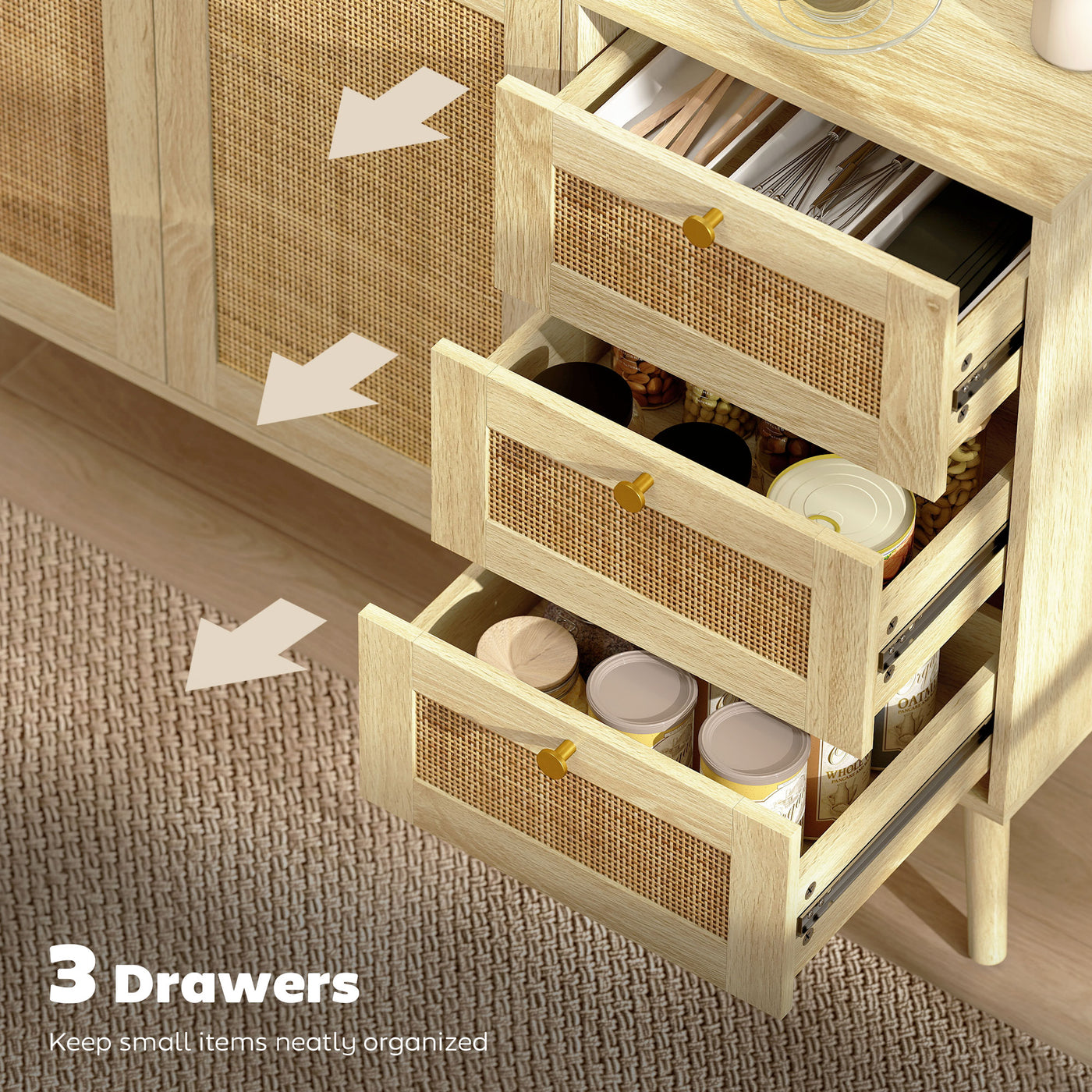 47" Buffet Cabinet with Soft-Close Doors, Rattan Sideboard with Drawers, Adjustable Shelf and Wooden Legs, Natural