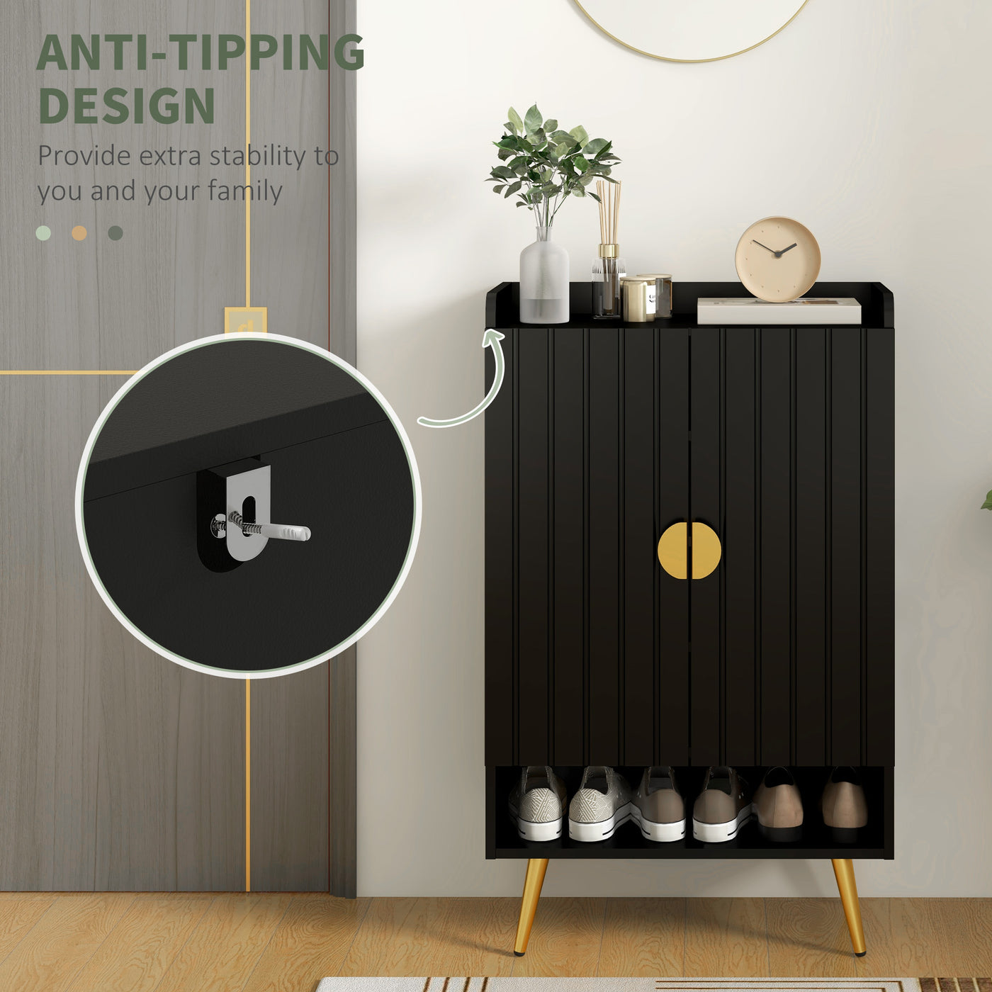 Entryway Shoe Storage Cabinet, Narrow Shoe Cabinet with Adjustable Shelves and Open Shelf for 15 Pairs of Shoes, Black