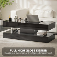 Coffee Table with Adjustable LED Lights, Modern Living Room Table with 2 Drawers, Open Shelf, Remote, High Gloss Black