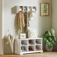 Coat Rack Wall Mount with Shelf, 28" Wall Coat Rack with 5 Hooks and 4 Compartments for Living Room, Entryway, White