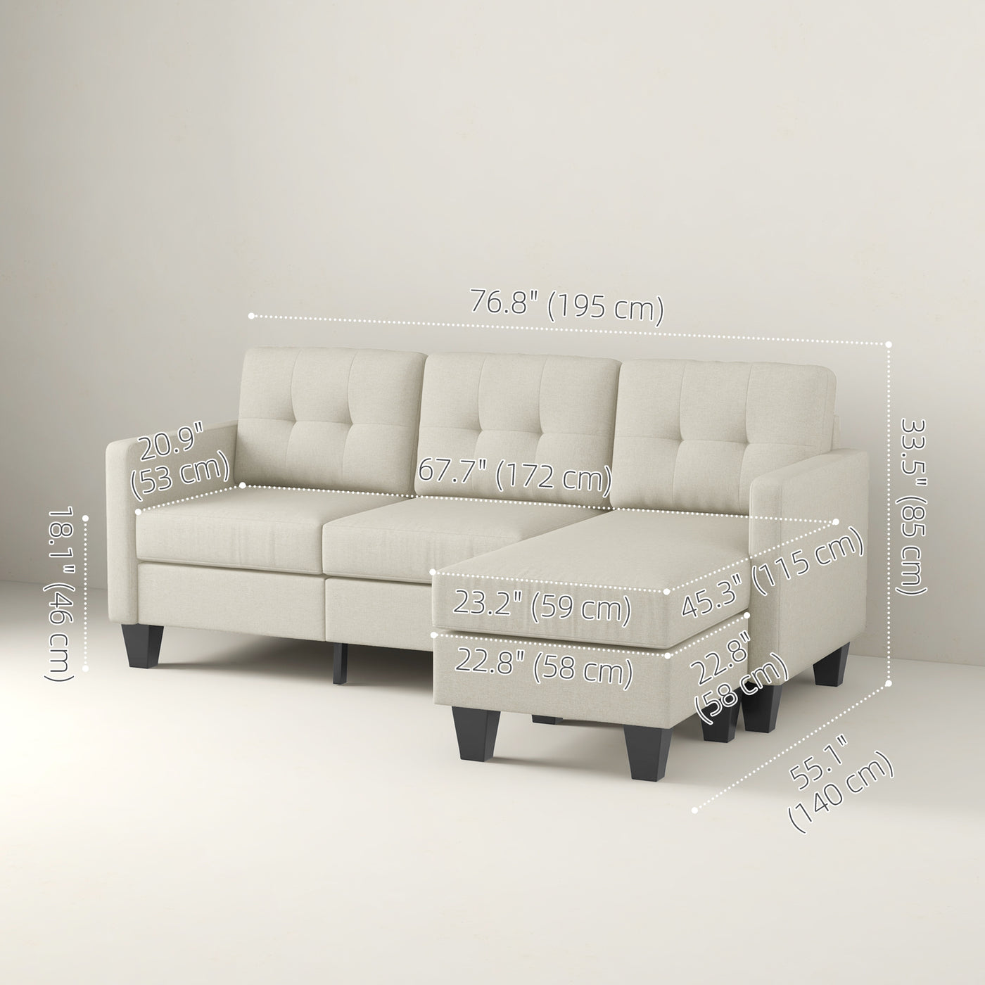 Small Corner Sofa, 3 Seater Sectional Couch with Ottoman, Corner Sofa with Thick Padded Cushion and Wood Legs, Beige