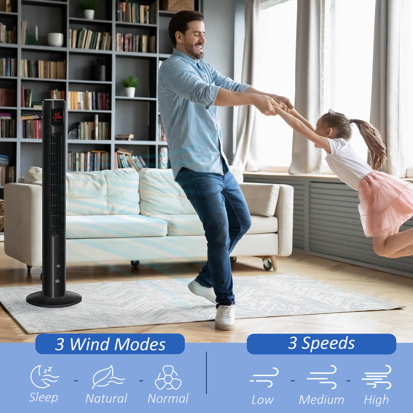 Freestanding Tower Fan Cooling for Home Bedroom with Oscillating, 3 Speed, 12h Timer, LED Sensor Panel, Remote Controller, Black