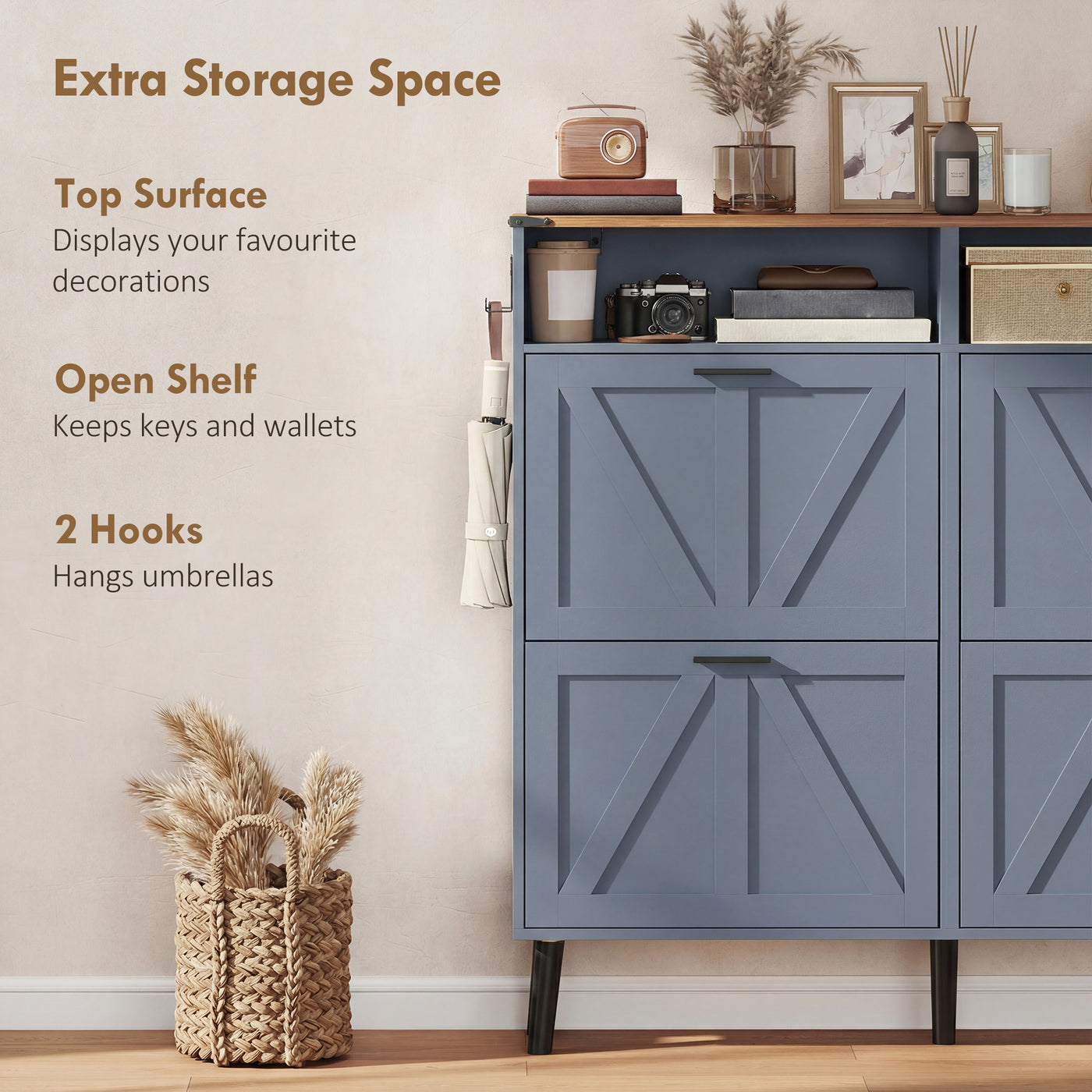 Shoe Storage Cabinet with 4 Flip Drawers, Farmhouse Narrow Shoe Cabinet, Holds Up to 24 Pairs, Blue