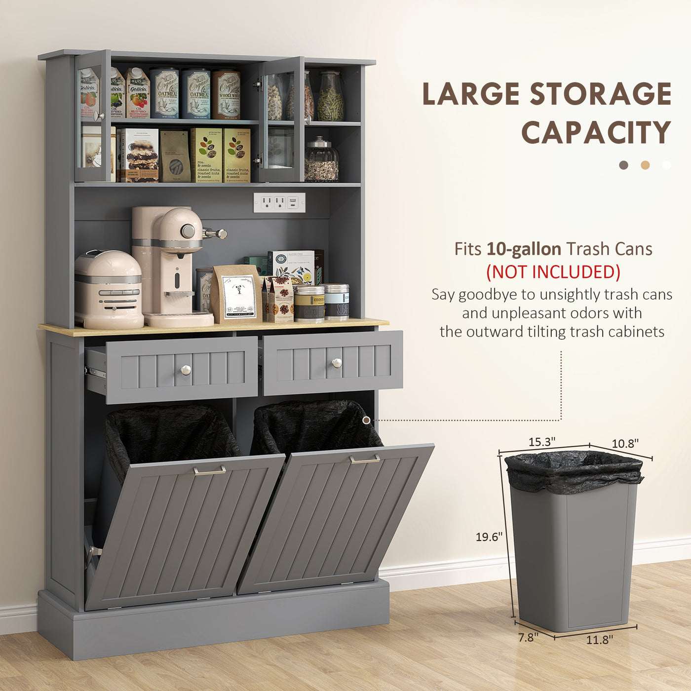 Kitchen Cabinet with Charging Station, 2 Tilt Out Cabinets, Microwave Stand, Freestanding Kitchen Pantry Cabinet, Grey