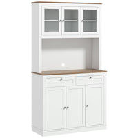 71" Pantry Cabinet with Microwave Space, Buffet with Hutch, 2 Drawers, Adjustable Shelves and Glass Doors, White