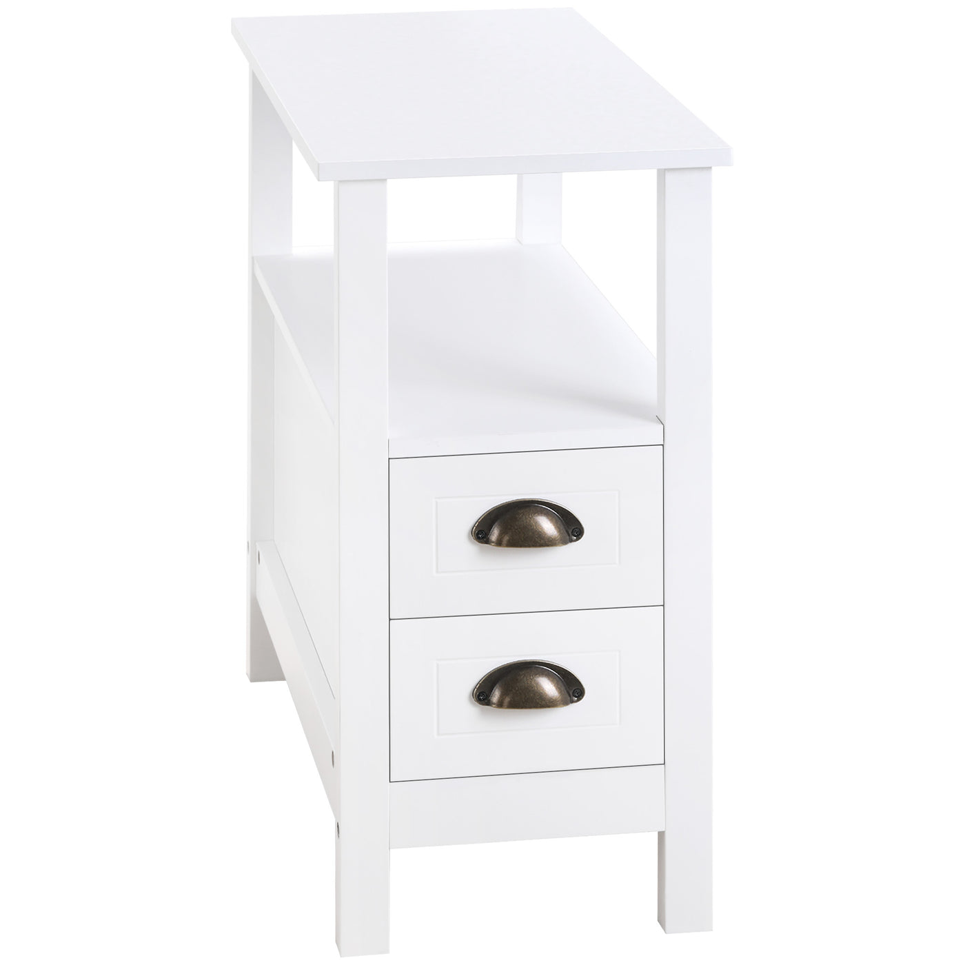 Slim End Table with 2 Drawers and Storage Shelf, Sofa Side Table for Living Room, Narrow Nightstand, White