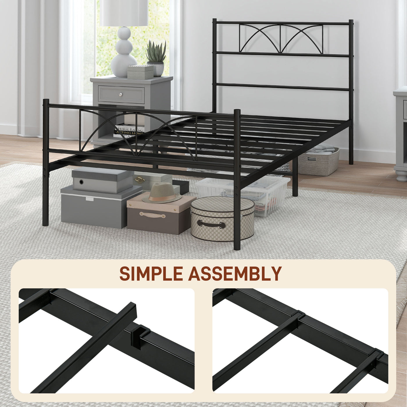 Metal Twin Platform Bed Frame with Headboard, Steel Slat Support, Underbed Storage, No Box Spring Needed, Easy Assembly